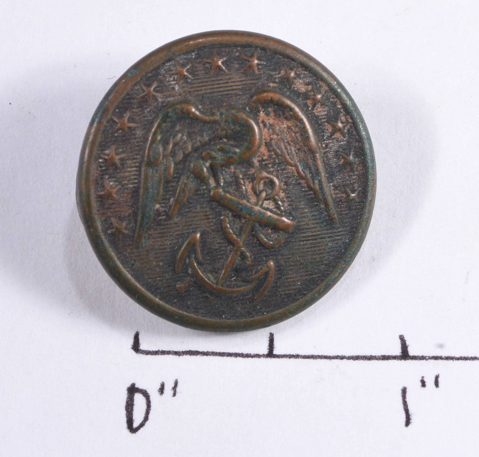 Antique U.S. Navy Eagle & Anchor Uniform Button by Evans & Co.: Antique U.S. Navy uniform button featuring a spread-wing eagle perched above a fouled anchor and surrounded by stars. Reverse fitted with a large loop shank and marked "EVANS & CO." and "WATERBURY." A