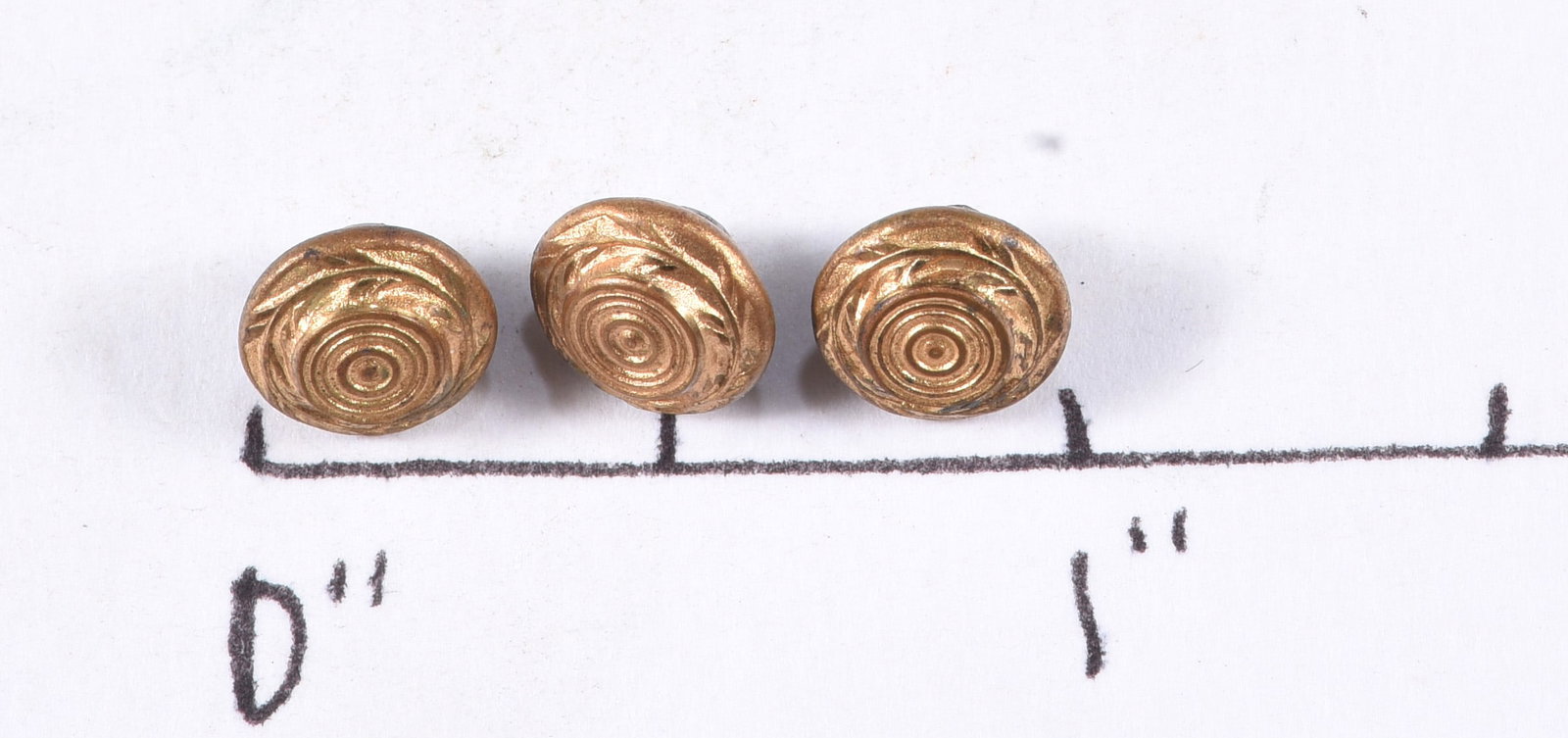 Set of Three Antique Gilt Concentric Circle Buttons: Set of three antique gilt-metal buttons featuring concentric circular rings surrounded by molded laurel or foliate borders. Matching group with warm gold-tone surfaces and minor age-related wear.