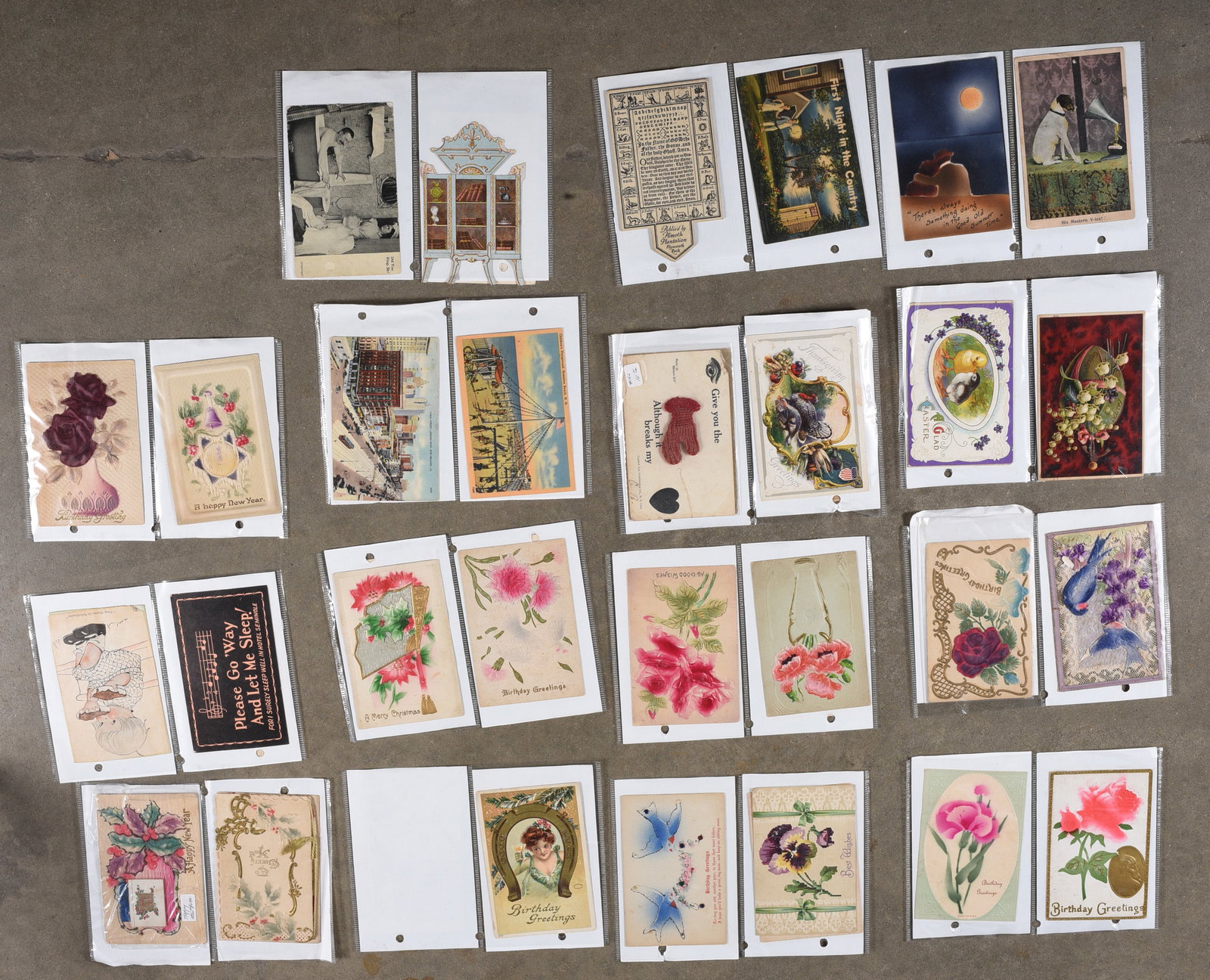 Large Collection of Vintage Greeting & Advertising Postcards: Large collection of antique and vintage greeting and advertising postcards featuring floral designs, birthday greetings, Christmas subjects, scenic views, advertising pieces, photographs and novelty c