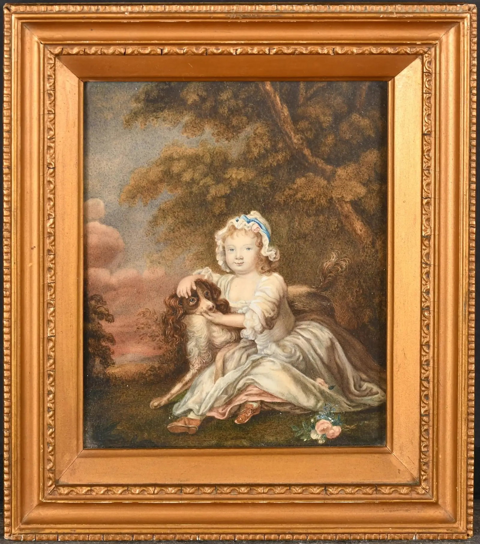 Victorian Portrait of Young Girl with a Spaniel: 19th Century English School. A Young Girl with a Spaniel, Watercolour, Signed with initials and inscribed verso, image is: 8" x 6.5" (20.3 x 16.5cm) dated verso 1835