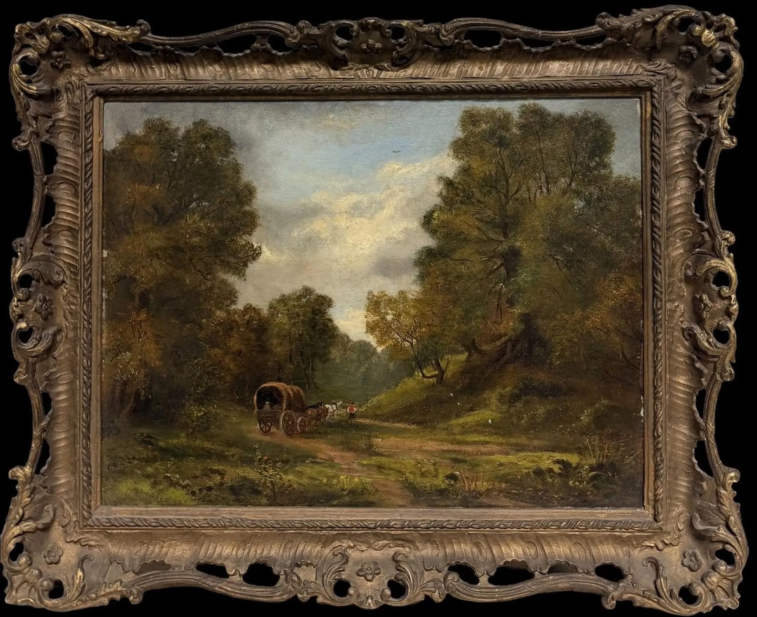 19th Century British Landscape Horse and Cart Woodland Scene Oil Painting: 19th Century British Landscape with Horse and Cart Woodland Scene Oil Painting British School, 19th century oil on canvas, in gilt decorative frame Framed: 17 x 21 inches Canvas: 13 x 17 inches Proven