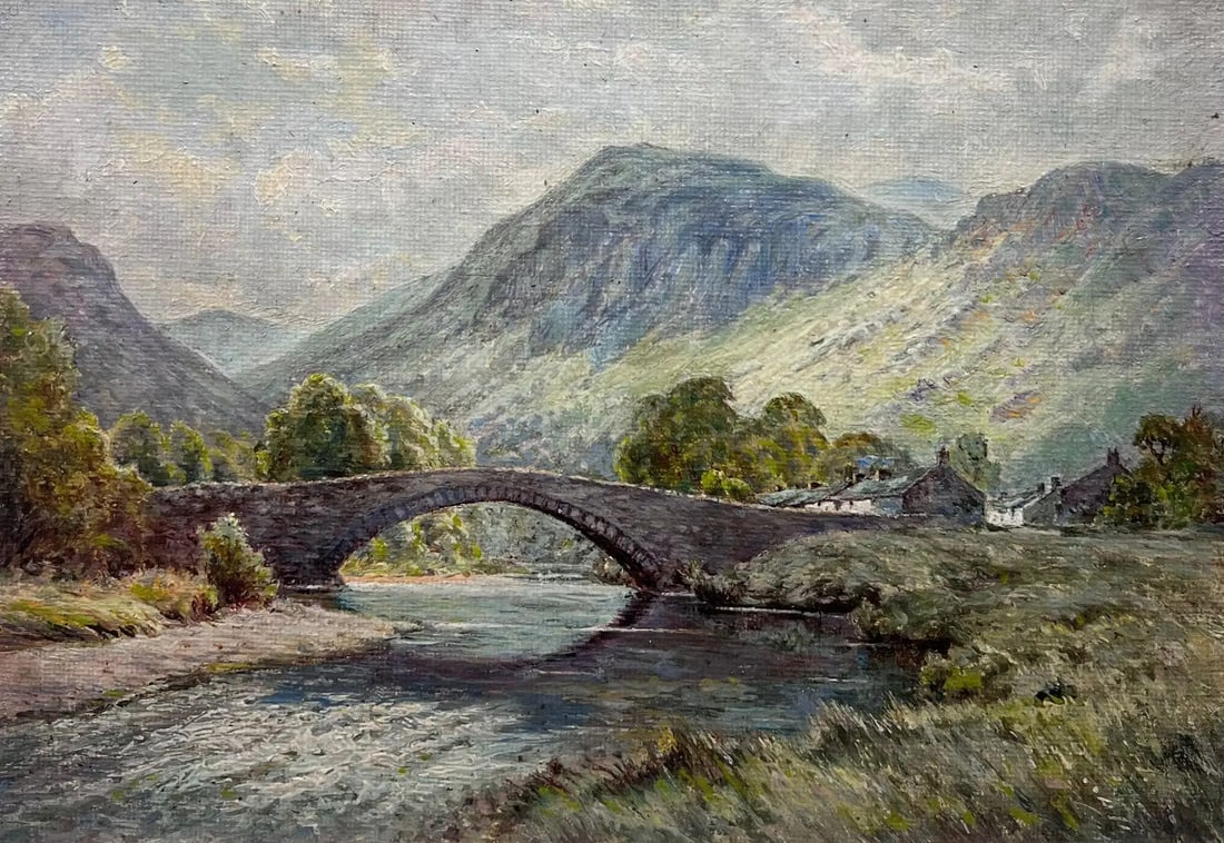 Antique British Oil Painting Borrowdale Lake District River Valley Cottages: "Borrowdale" * see notes below British School, early 20th century oil on board, unframed board: 7 x 10 inches provenance: private collection condition: minor rubbing to outer edges and a small white f