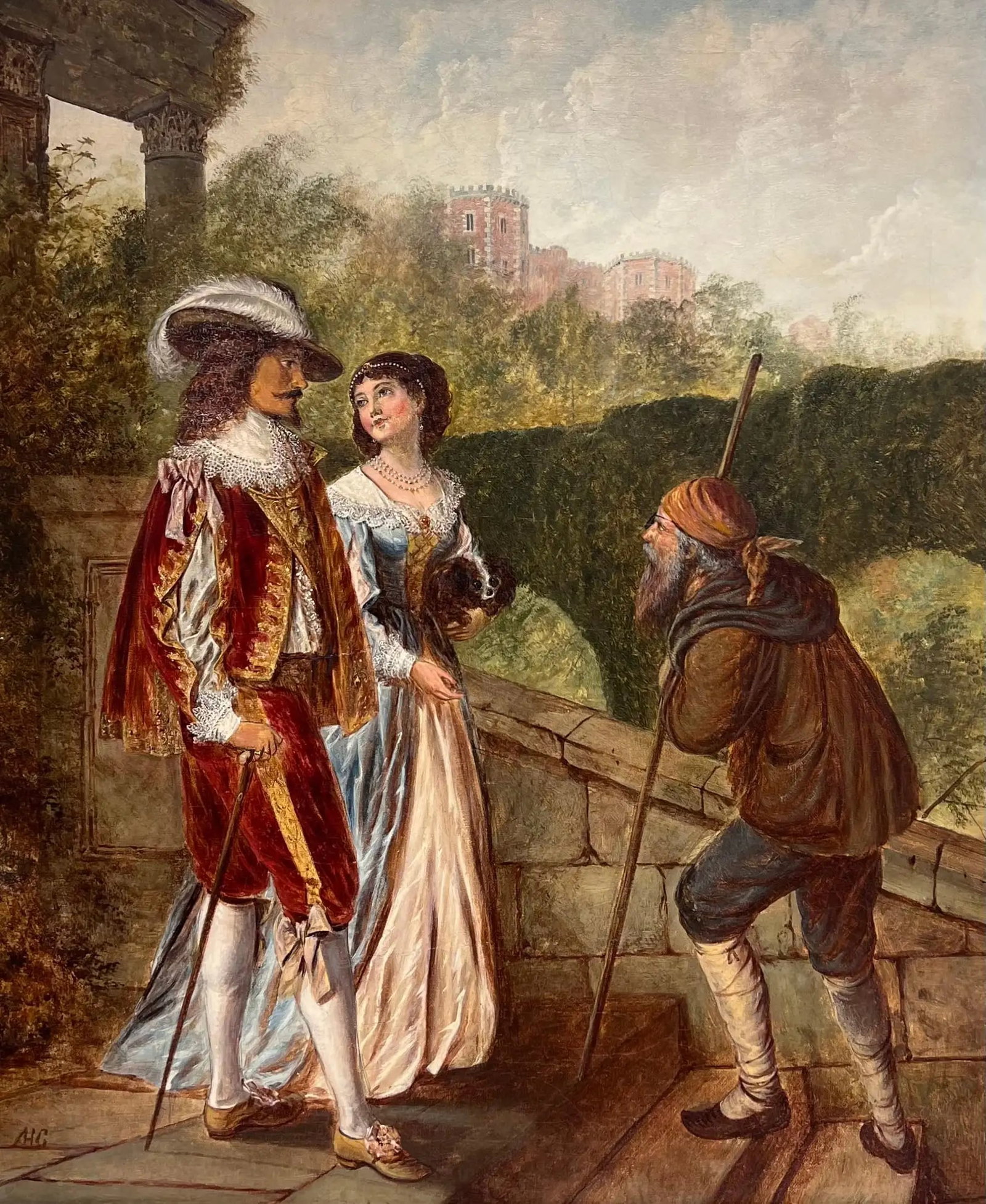 Large 19th Century British Victorian Signed Oil Beggar with Gentry Couple: The Greeting British School, mid 19th century signed with initials oil on canvas, unframed canvas : 30 x 25 inches Provenance: private collection, UK Condition: very good condition For more any more i