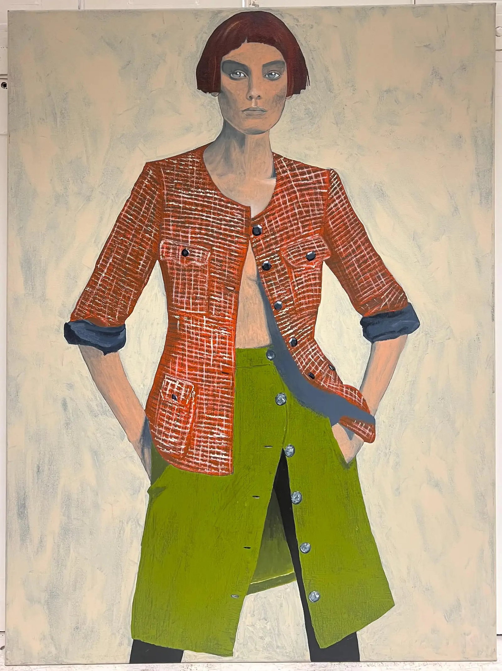 Huge British Contemporary Portrait of Young Woman Green Skirt oil painting (1 of 8)