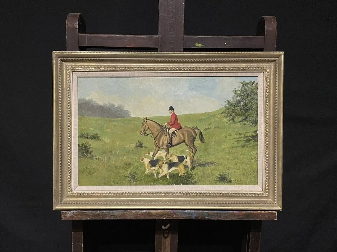 Large British Sporting Art Oil Painting - Huntsman on Horseback with Hounds: Artist/ School: British School, mid 20th century, signed lower corner Title: Huntsman on horseback with hounds. Medium: oil painting on canvas, framed. Size: framed: 18 x 26 inches canvas: 13 x 21 inc
