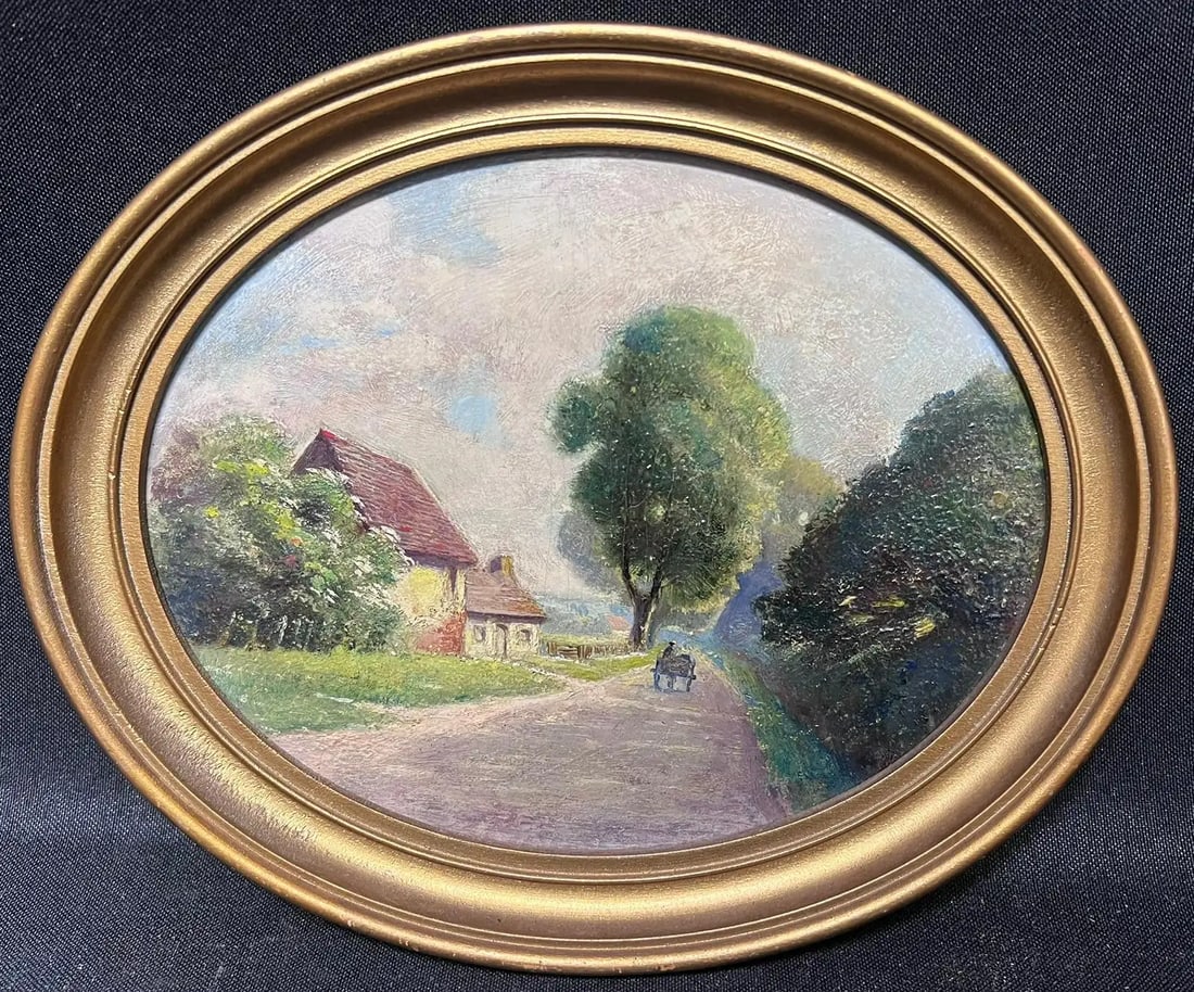 Oval Antique British Oil Painting Village Lane Cottage with Figure Gilt Frame (1 of 6)