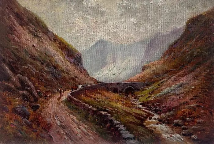 Antique Scottish Highlands Oil Painting Drover with Cattle Mountain Valley Path: Leading them Home British School, early 20th century oil on board, unframed board: 7 x 10 inches provenance: private collection, UK condition: gilt rubbing to the edges from a former frame but the pai