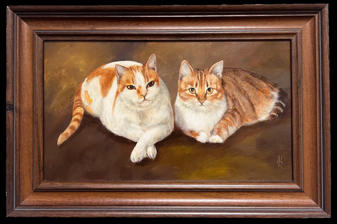 Ginger & White Cats Original British Signed Oil Painting Feline Friends: Ginger & White Cats English School, 20th century signed with artists monogram oil on board, framed framed: 17 x 26 inches board: 12.5 x 21.5 inches Provenance: private collection, Buckinghamshire Cond