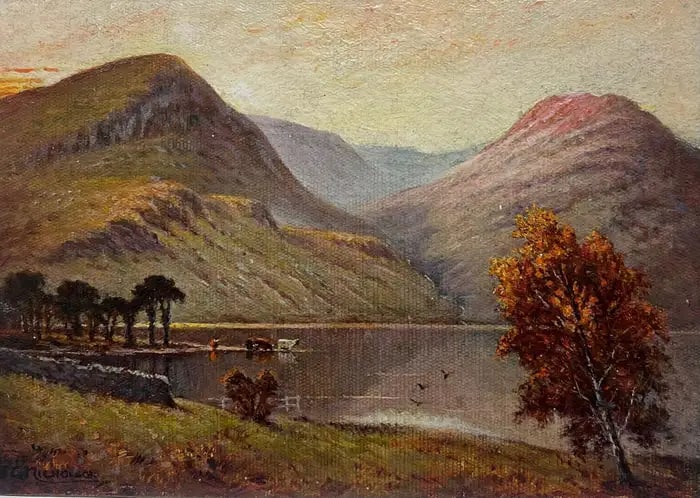 Sunset English Lake District Cattle Watering Waters Edge Signed Oil Painting: 'High Crag & High Stile, Buttermere' British School, early 20th century signed lower corner oil on board, unframed board: 7 x 10 inches provenance: private collection, UK condition: very good and soun