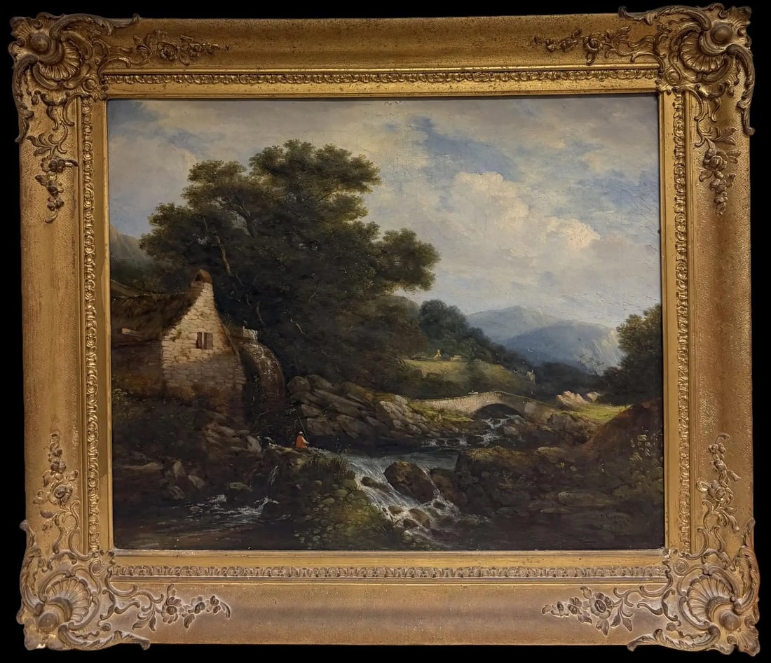1838 British River Landscape Watermill Bridge Figures Large Gilt Frame Painting (1 of 12)