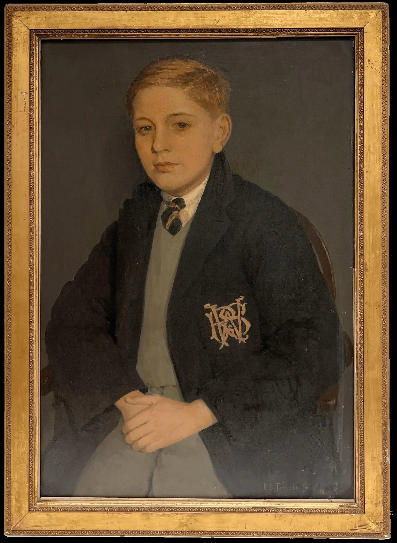 1930's British Oil Painting Portrait of Westminster School Boy in Uniform: "Young Westminster" by Kathleen Emily Temple-Bird (British 1879 - 1962) signed and dated 1931 oil painting on canvas, framed framed: 33 x 24 canvas: 29 x 20 inches condition: very good, minor surface 