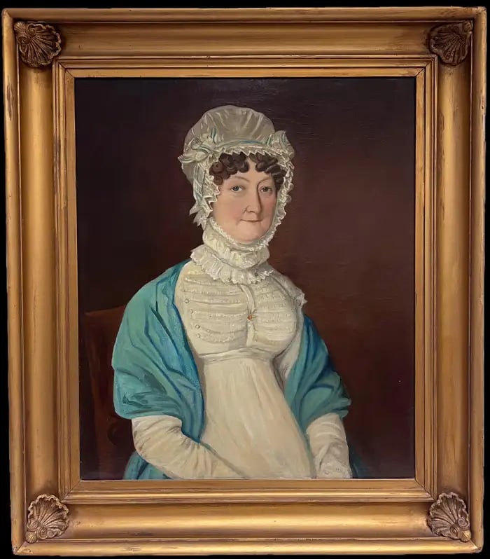 Fine 1800's Georgian English Portrait of Lady in Lace Bonnet Blue Shawl, oil c. 1820: Portrait of a Lady (could be straight out of a Jane Austen novel!) English School (very early 19th Century, circa 1800-1820) oil on canvas, framed in an antique gilt frame with shell mouldings to the 