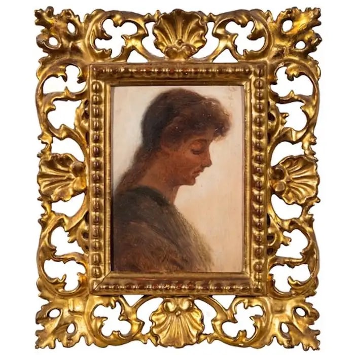 Antique English Pre-Raphaelite Oil Portrait of a Young Woman in Pensive Thought: Artist/ School: English School Circa 1900 Title: Portrait of a young woman, head and shoulders Medium: oil on board, framed within an antique 'Florentine' gilt frame. actual painting: 5 x 3.75 inches 