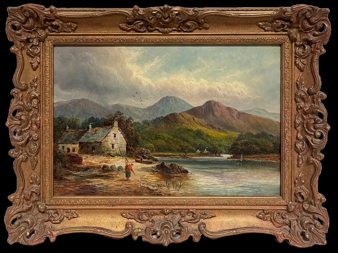 Victorian Signed Oil Painting Figure by Highland Cottage & Loch in Mountains: The Highland Cottage British School, late 19th century signed oil on canvas, framed in ornate swept gilt frame framed: 17.5 x 23.5 inches canvas : 12 x 18 inches Provenance: private collection, UK Con