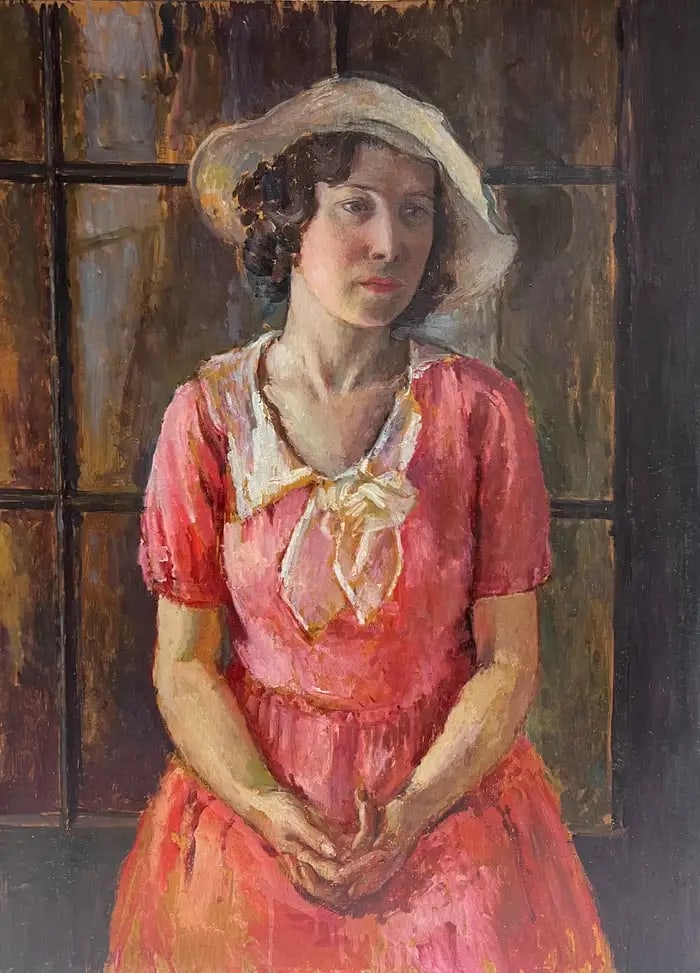 Very large 1930's English Oil Painting Wood Panel Portrait of Country Lady Pink 1930's: Portrait of a Lady in a Pink Dress English School, circa 1930's period, unsigned oil painting on wooden board unframed board : 36 x 27 inches double sided image Provenance: private collection, Surrey,