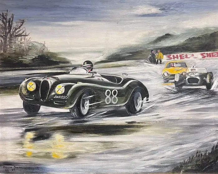 Classic Jaguar Motor Racing Action Scene Original 1960's Signed Oil Painting (1 of 10)