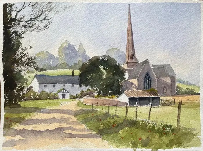 British Impressionist Watercolor of Idyllic English Countryside with Church: Title: British Impressionist Watercolor of Idyllic English Countryside with Church By Anthony Avery (British 1946-2023) Original watercolor on artists paper, unframed Dimensions: 11.25 x 15 inches (He