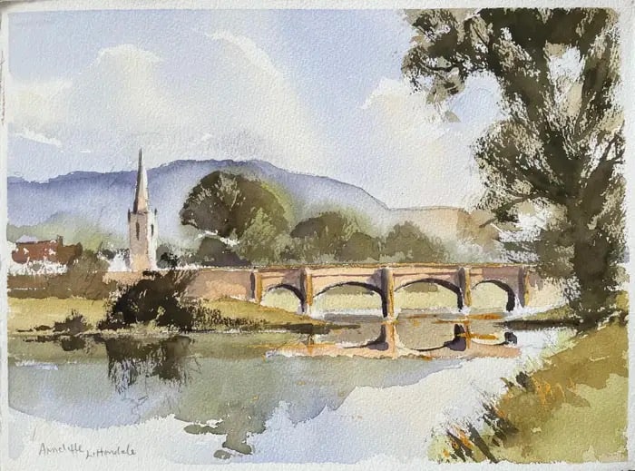 British Watercolor of Arncliffe, Littondale with Bridge and Church: Title: British Watercolor of Arncliffe, Littondale with Bridge and Church By Anthony Avery (British 1946-2023) Original watercolor on artists paper, unframed Dimensions: 11.25 x 15.25 inches (Height x