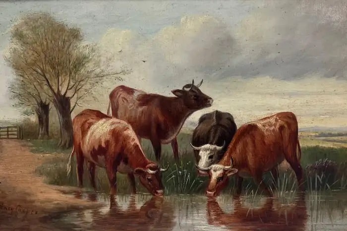Signed Victorian British Oil Painting Cattle in Tranquil Pastures: Tranquil Pastures circle of Thomas Sidney Cooper (British 1803-1902) signed oil painting on board, framed framed: 10 x 14 inches board: 8 x 12 inches provenance: private collection, England condition: