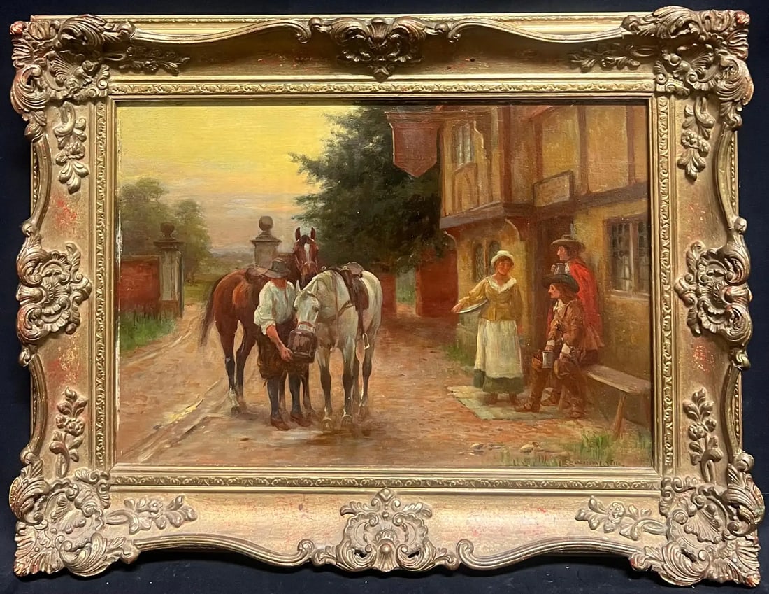 Fine Victorian Oil Painting Cavalry Men Resting Village Tavern Roadside Inn: Pausing for Refreshments by John Sanderson Wells (British 1872-1955) *see notes below signed oil on board, framed Framed: 13.5 x 18 inches Canvas : 10 x 14 inches Provenance: private collection, UK Co