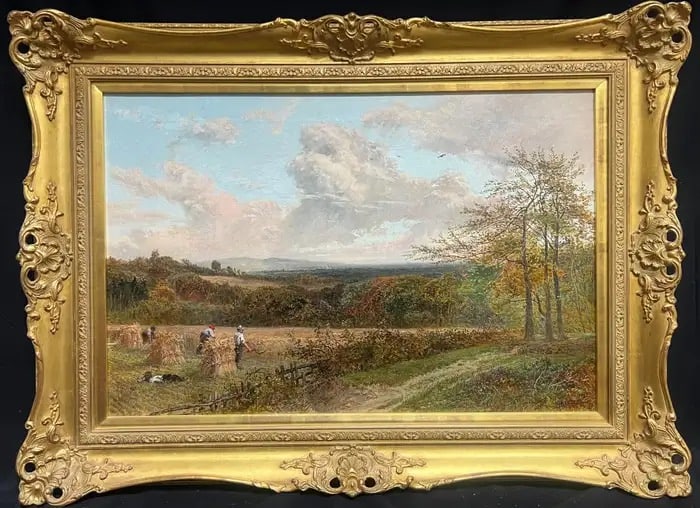 Large Victorian Signed Oil Harvest Wheat Sheaves Rural Scene & Figures framed: "The Corn Field" by Alfred Bennet (British, 1861-1916) This beautifully executed oil on canvas painting titled "The Corn Field", signed and dated 1886 by British artist Alfred Bennet, captures a peace