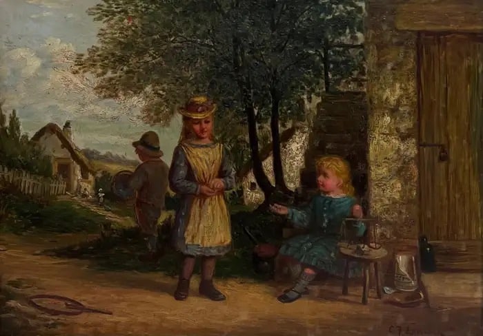 Signed Victorian British Oil Painting Children Playing Rural Village Cottage: The Entrepreneur by Charles Frederick Lowcock (British 1844-1922) signed oil on board, framed framed: 13.5 x 17 inches board : 10.5 x 14.5 inches Provenance: private collection, England Condition: sou