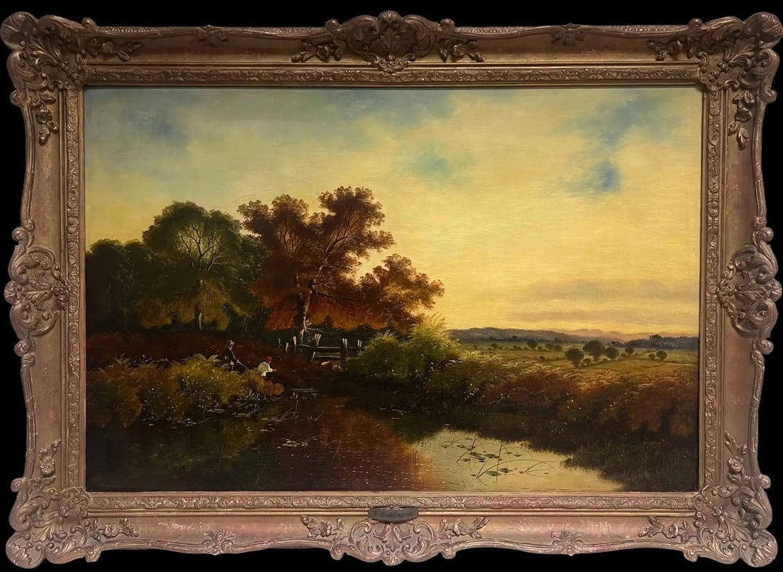 Fine Large Victorian Signed Oil Painting Anglers Romantic River Sunset Landscape: The Close of Day by Edwin Henry Boddington (1836–1905) signed lower front corner oil on canvas, framed framed: 30 x 42 inches canvas : 24 x 36 inches Provenance: private collection, UK Condition: ve