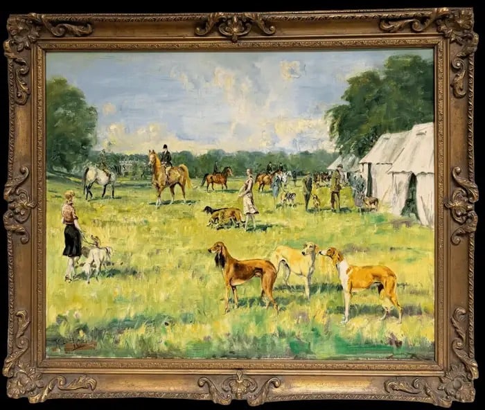 Country Horse Meet Salukis & Arab Horses British Sporting Scene Oil Painting Mid 20th Century: Figures with Salukis and Arab Horses, British Sporting Scene Oil Painting by Michael Lyne (British, 1912–1989) signed oil on canvas, framed Framed: 29 x 35 inches Canvas: 24 x 30 inches Provenance: 
