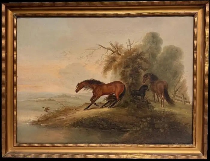 Fine Antique British Horse Oil Painting Startled Horses in Windswept Landscape 19th Century: The Windswept Horse English School, early 1800's period circle of Sawrey Gilpin (British 1733-1807), unsigned oil on canvas, framed framed: 22.5 x 29.5 inches canvas: 19 x 26 inches Provenance: privat