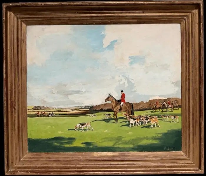 Fine English Traditional British Hunting Scene with Hounds Signed Oil Painting Mid 20th Century: Out with the Hounds by D. Burton, British mid 20th century oil on canvas, framed framed: 26.5 x 30.5 inches canvas: 20 x 24 inches Provenance: private collection, England Condition: very good conditio