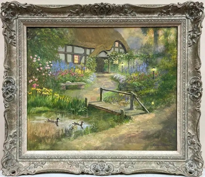 Large British Impressionist Oil Painting Country Cottage Flower Garden & Ducks: The Country Cottage by Norman Coker (British contemporary), signed lower corner oil painting on board, framed framed size: 26 x 30 inches condition: very good and ready to enjoy provenance: private co