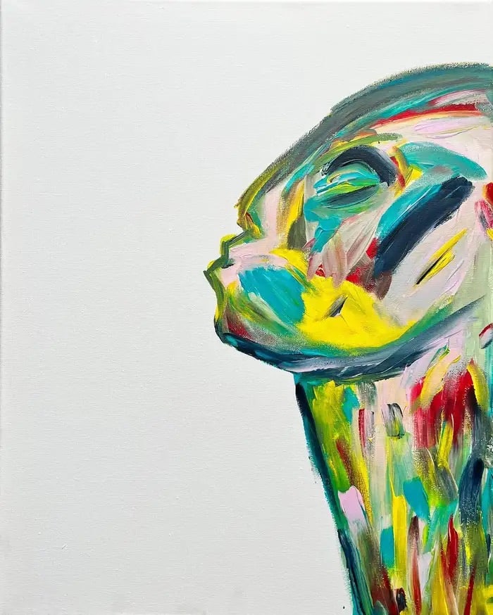 Contemporary British Abstract Portrait Painting Figure Reaching For A Kiss: Solo Kiss by Bolly Frost Acrylic painting on canvas signed on verso painting: 20 x 18 inches Superb original modern abstract portrait painting by the rising contemporary British painter, Bolly Frost .