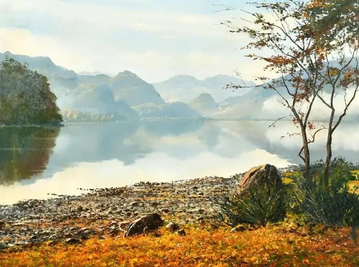 The English Lake District, Large Original British Landscape Oil Painting: Artist/ School: Arthur Blamires (b.1930, British). Title: ScaFell Pike from Calf Close Bay, Derwent Water Medium: oil painting on board, framed, inscribed verso and dated 1986 Size: 18 x 24 inches fra