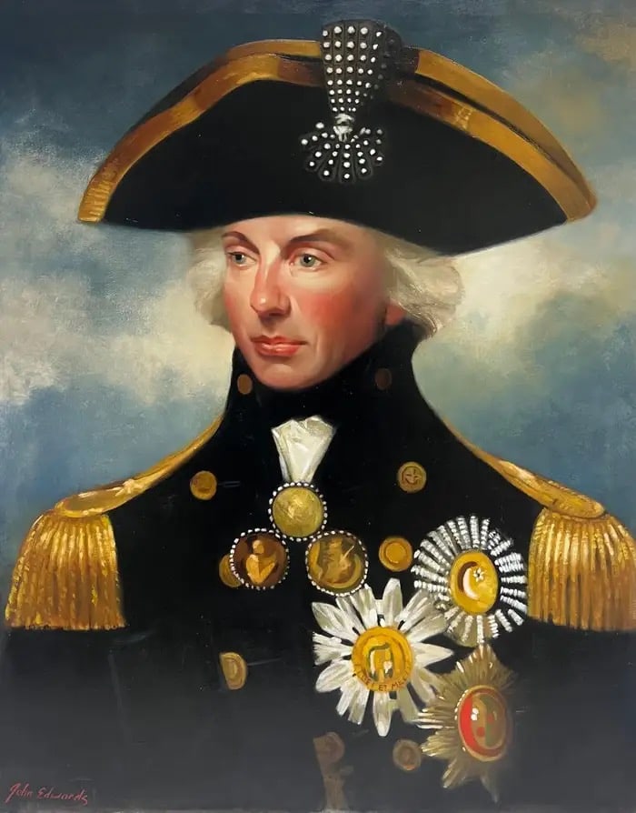 Portrait of Lord Nelson Fine British Oil Painting on Canvas, signed: Vice-Admiral Lord Horatio Nelson by John Edwards (British. 1940 - 2020) signed oil on canvas with board backing, unframed canvas : 30 x 24 inches Provenance: private collection, UK Condition: very goo
