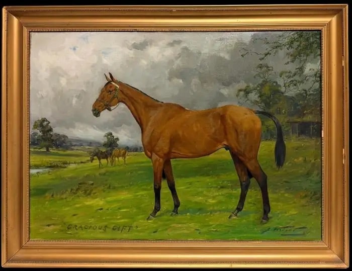 Fine British Sporting Art Oil Painting Portrait of Chestnut Horse in Landscape 1920's: "Gracious Gift" Portrait of a Chestnut Horse standing in a Landscape by George Wright (British 1860-1942) *see bio below signed oil on canvas, framed framed: 21 x 27.5 canvas: 18 x 24 Provenance: priv