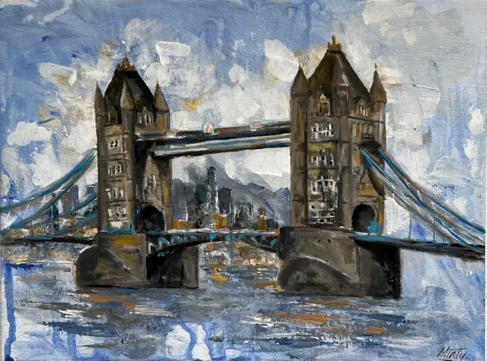 London Bridge River Thames City Sky Contemporary British Artist Original Art 2024: London Bridge, River Thames signed by Minty Ramsey, British contemporary acrylic painting on Canvas 9 x 12 inches Wonderful original painting by the British contemporary artist, Minty Ramsey.