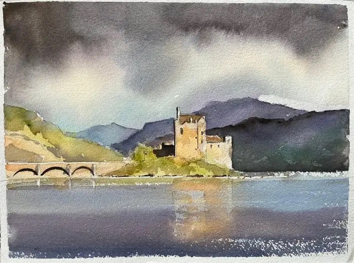 British Original Watercolor Eilean Donan Castle Scotland Loch Scene Dramatic Sky: Eilean Donan Castle, Scotland By Anthony Avery (British 1946-2023) Original watercolor on artists paper, unframed Dimensions: 11.25 x 15.25 inches (Height x Width) Condition: Good, with some minor sig