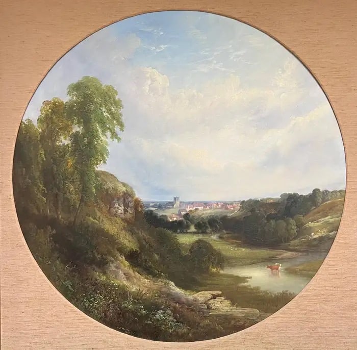 Very Large Victorian English Circular Oil Painting Kirkeneaton, Nr Pontefract 1855: 'Kirkeneaton, Nr Pontefract' *see notes below by George Alexander (British, 1832-1913) signed oil painting on canvas, framed framed: 35 x 35 inches canvas: 30 x 30 inches Provenance: private collectio