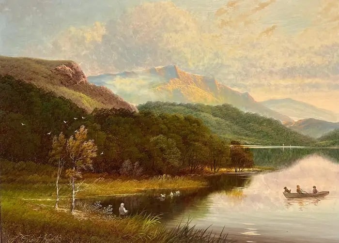 Scottish Highlands Oil Painting Figures Fishing the Loch & Signed British Oil: The Highland Loch by Andrew Grant Kurtis (British contemporary) signed oil painting on board, framed framed: 16 x 20 inches board: 13 x 17 inches provenance: private collection, England condition: ver
