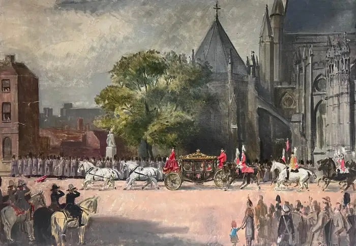 The Queen's Coronation 1953 Original British Oil Painting Canvas State Carriage 1953: THE CORONATION OF HER MAJESTY QUEEN ELIZABETH II, 1953 by Patrick Edward Phillips (British 191907-1976) signed and dated oil painting on canvas, unframed canvas: 26.5 x 27.5 inches provenance: private