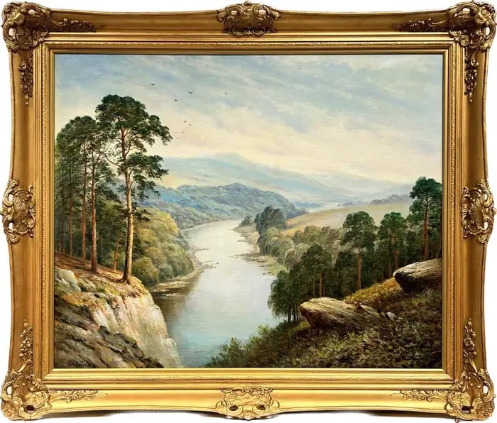 Huge Antique British Signed Oil Extensive River Landscape Hilly Views, framed 19th century: The Winding River Valley by George Mulready Freezor (British, 1865-1962) signed oil on canvas, framed framed: 32 x 38 inches canvas: 29 x 33 inches provenance: private UK collection The painting is in