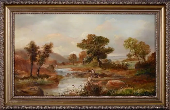 Antique British Oil Painting Angler in Mountainous River Landscape, signed oil: Artist/ School: T.Lawley, British late 19th/ early 20th century Title: River Scene with Angler Medium: signed oil painting on canvas, framed Painting: 11.25 x 19.5 inches plus gilt frame Provenance: p