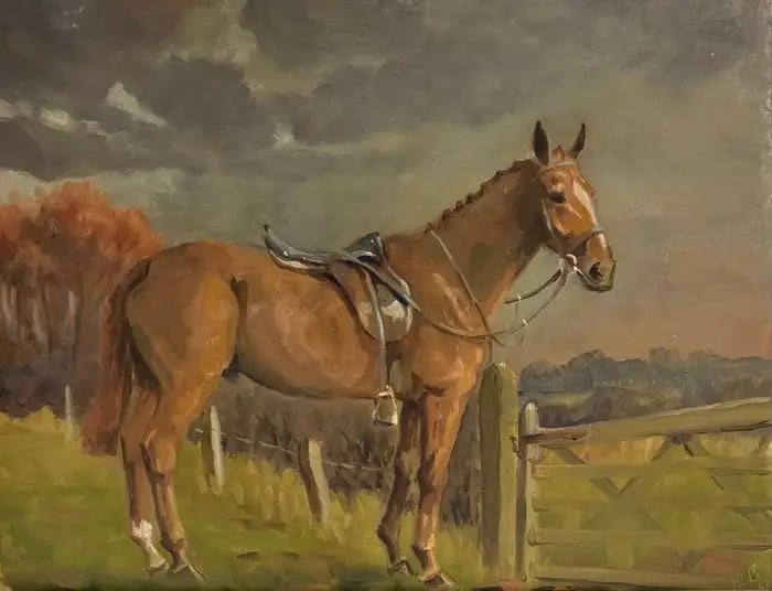 Fine 20th Century British Sporting Art Oil Painting Equestrian Portrait of Horse 1967: The Hunter at the Fence Portrait of a saddled horse standing in the English Countryside English artist, dated 1967 signed with initials oil on board, framed framed: 17 x 21 inches board 14 x 18 inches