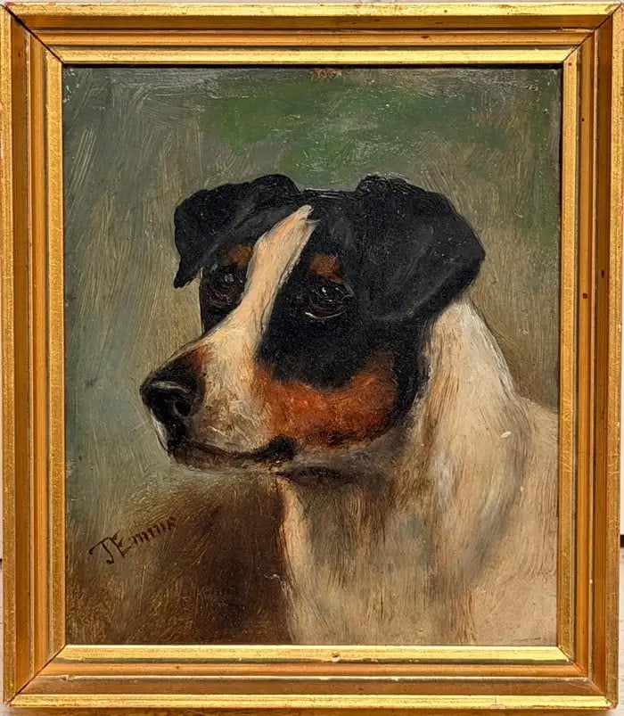 Fine Antique British Dog Oil Painting Portrait of Jack Russell Terrier John Emms: Portrait of a Jack Russell Terrier by John Emms (1843-1912) signed lower left oil painting on board, framed painting: 7.5 x 6.25 inches framed: 8.5 x 7.25 inches condition: overall very good and pleas