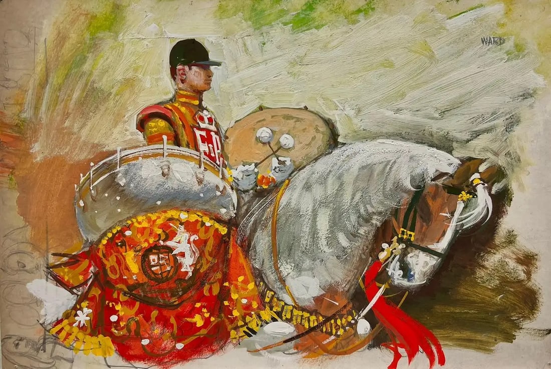 The Cavalry Drummer on Horseback British Mid 20th Century Impressionist Painting c.1950's: The Cavalry Drummer (thought to be the Household Cavalry wearing the uniform of HM Queen Elizabeth II) Frank Duffield (British, 1908-1982) original acrylic painting on board, unframed size: 11 x 16 in