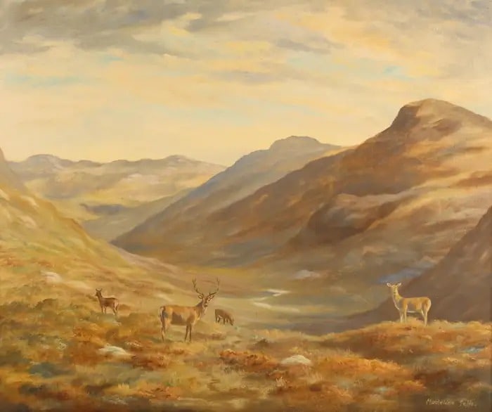 Highland Stag Family of Deer Glen Dhu Sutherland Scotland signed British oil Mid 19th Century (1 of 3)