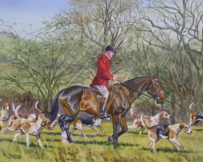 British Sporting Art Huntsman and Hounds in Landscape, signed oil painting: Artist/ School: Reginald Llewellyn Harvey (1888-1973), signed Title: Setting out for a hunt, mounted huntsman with hounds in a landscape. Medium: signed oil painting on canvas, framed actual painting 