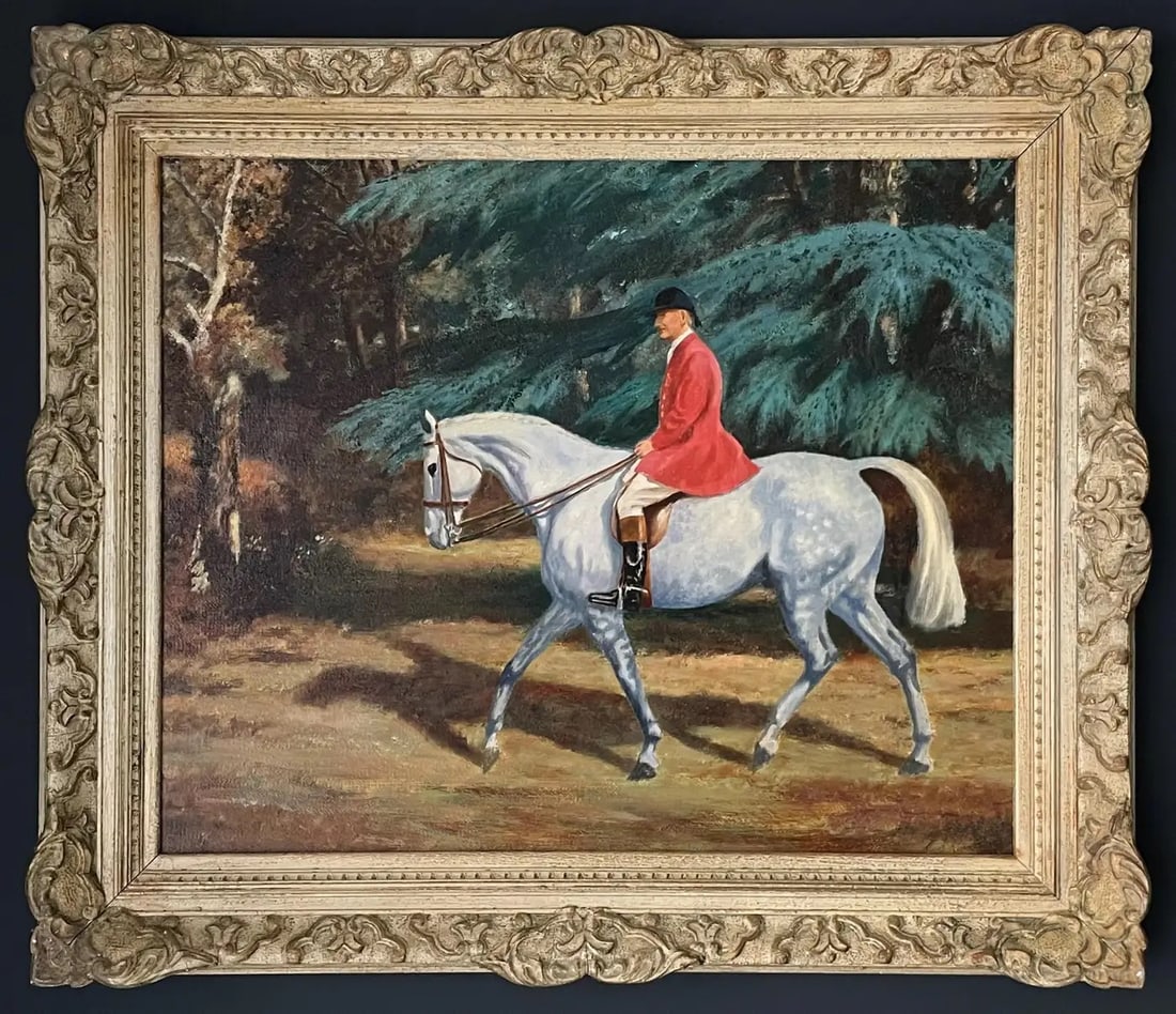 British Hunting Scene Oil Painting Master of the Fox Hounds on Horseback c. 1970's: The Master of the Fox Hounds by John Renney (British circa 1960's) signed to label verso oil painting on board, framed painting: 18 x 22 inches framed: 23.5 x 27.5 inches condition: very good and read