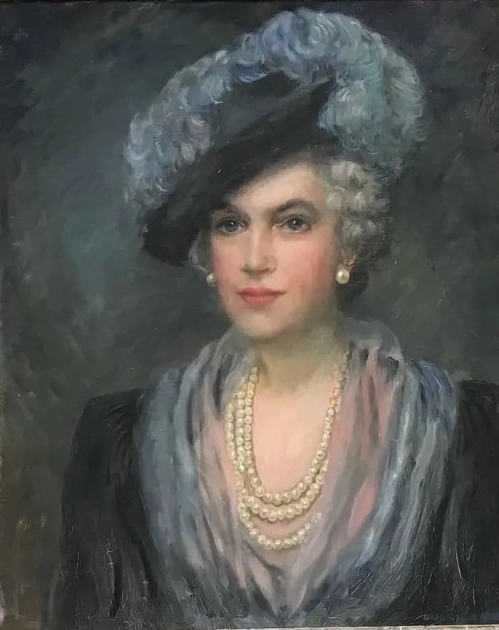 English School Fine British Mid 20th Century Oil Painting Portrait of a Society Lady: Artist/ School: British School, indistinctly signed lower right, circa 1950's Title: Portrait of an Aristocratic Lady. The previous owner believed the sitter to be a member of the Queen Mother's famil