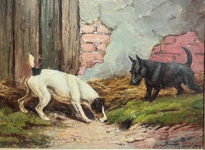 Fine 1890's British Dog Painting Fox Terrier & Scottish Terrier Sniffing in Farm 1890: Two Terriers by E. S. England (British, active c. 1890-1910) signed & dated 1890 oil on board, framed Framed: 11 x 14 inches Board: 9 x 12 inches Provenance: private collection, Suffolk, England Condi